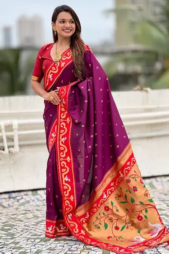 Magenta red woven self design pure silk paithani saree with blouse