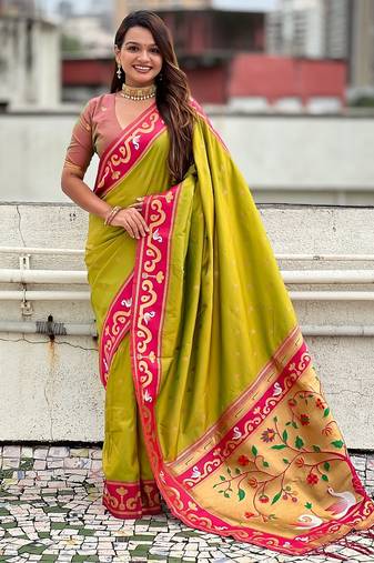 Mehendi woven self design pure silk paithani saree with blouse