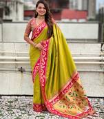 Mehendi woven self design pure silk paithani saree with blouse