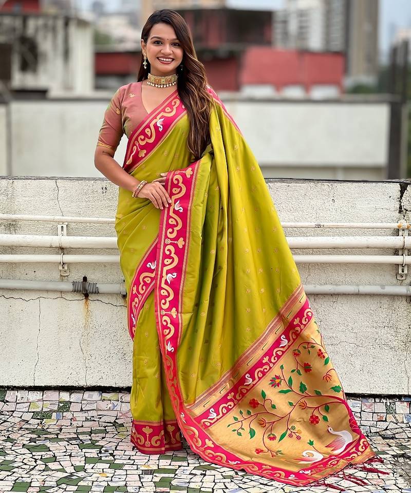 Mehendi woven self design pure silk paithani saree with blouse