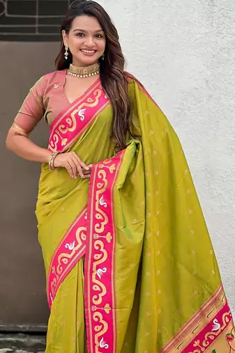 Mehendi woven self design pure silk paithani saree with blouse