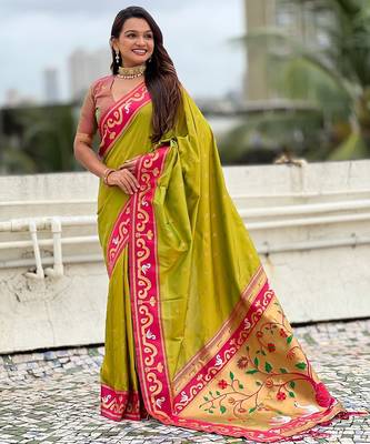 Mehendi woven self design pure silk paithani saree with blouse 3