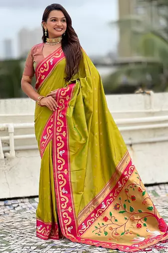 Mehendi woven self design pure silk paithani saree with blouse