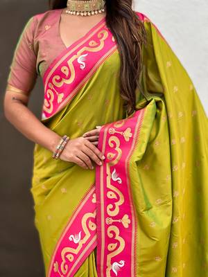Mehendi woven self design pure silk paithani saree with blouse 4