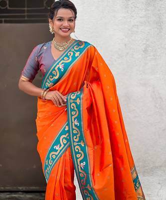 Orange woven self design pure silk paithani saree with blouse 2