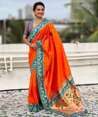 Orange woven self design pure silk paithani saree with blouse 3