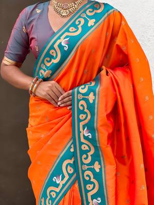 Orange woven self design pure silk paithani saree with blouse 4