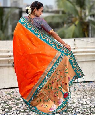 Orange woven self design pure silk paithani saree with blouse 5
