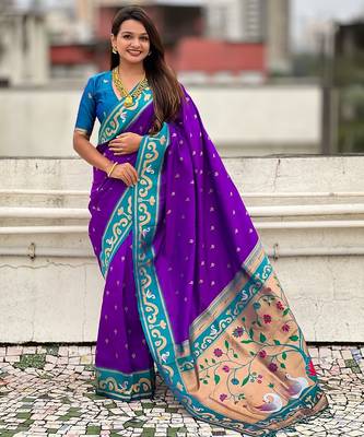 Purple woven self design pure silk paithani saree with blouse 1