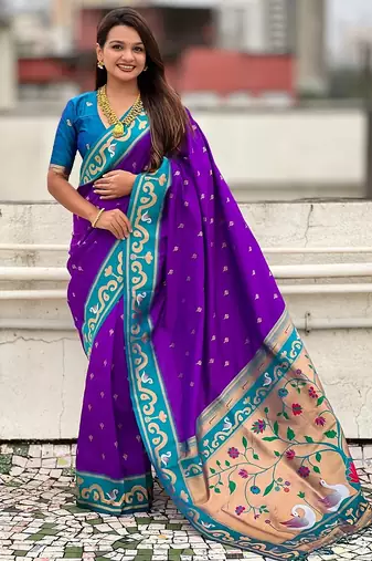 Purple woven self design pure silk paithani saree with blouse