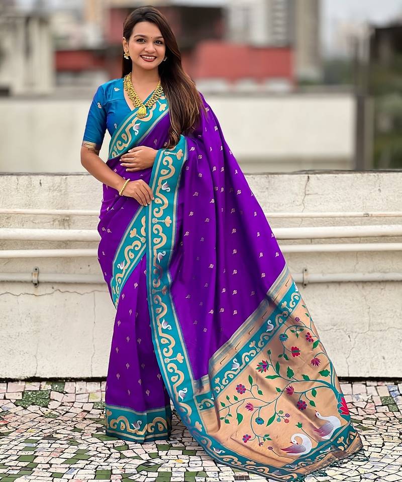 Purple woven self design pure silk paithani saree with blouse