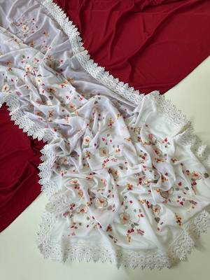 White Color  Sequins embroidered jaal and multi thread georgate saree cutwork design  1