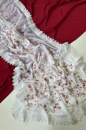 White Color  Sequins embroidered jaal and multi thread georgate saree cutwork design 