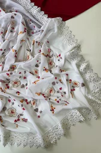 White Color  Sequins embroidered jaal and multi thread georgate saree cutwork design 