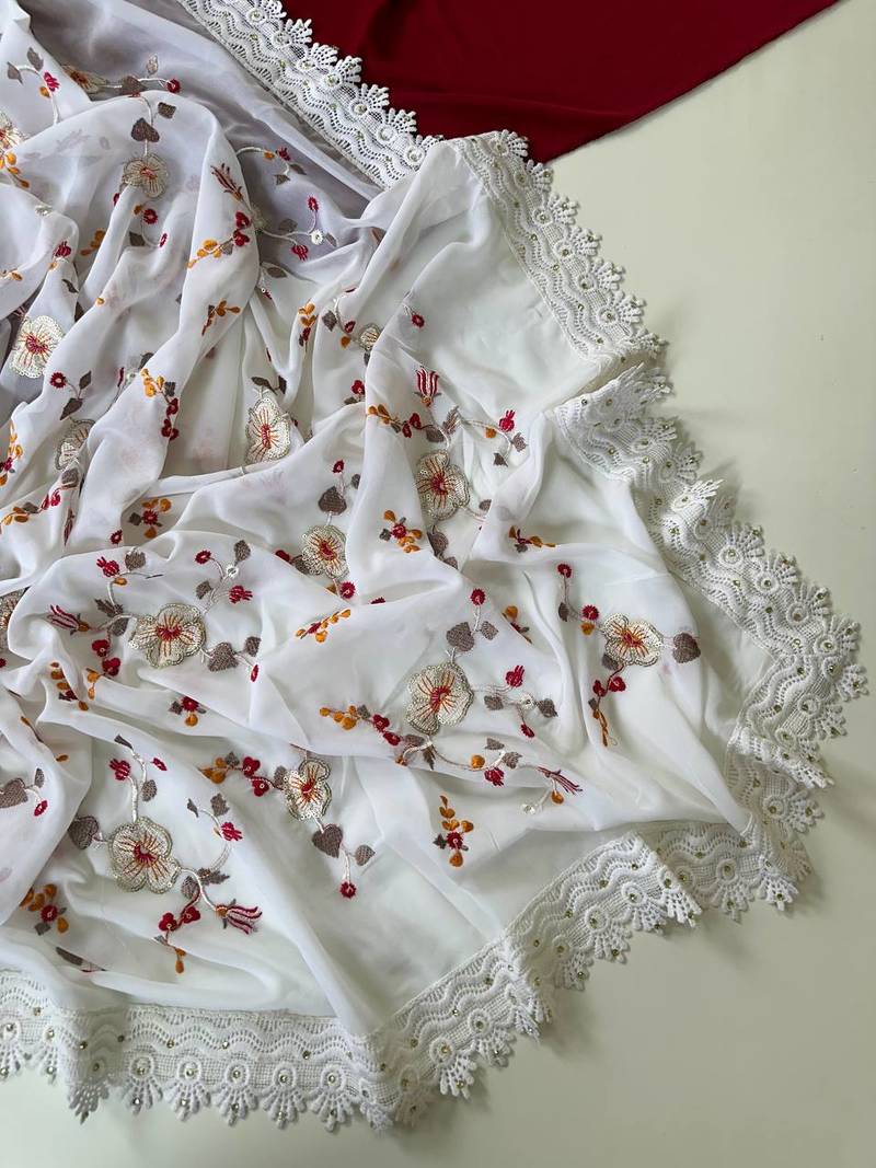 White Color  Sequins embroidered jaal and multi thread georgate saree cutwork design 