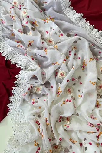 White Color  Sequins embroidered jaal and multi thread georgate saree cutwork design 