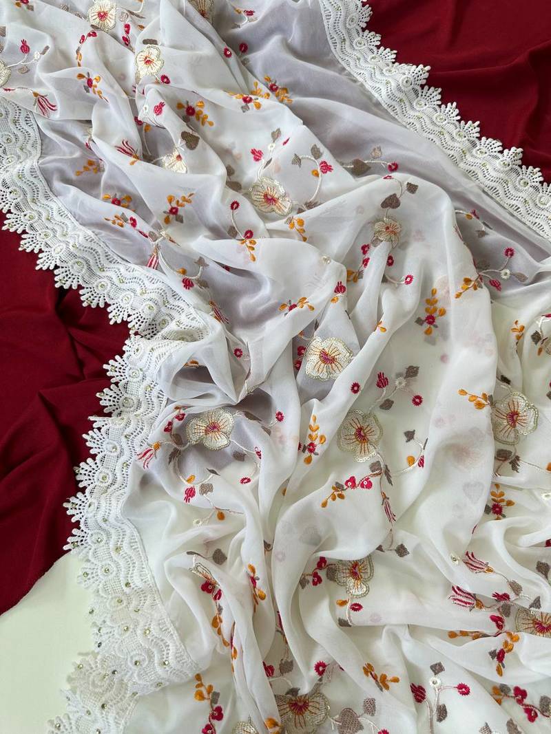 White Color  Sequins embroidered jaal and multi thread georgate saree cutwork design 