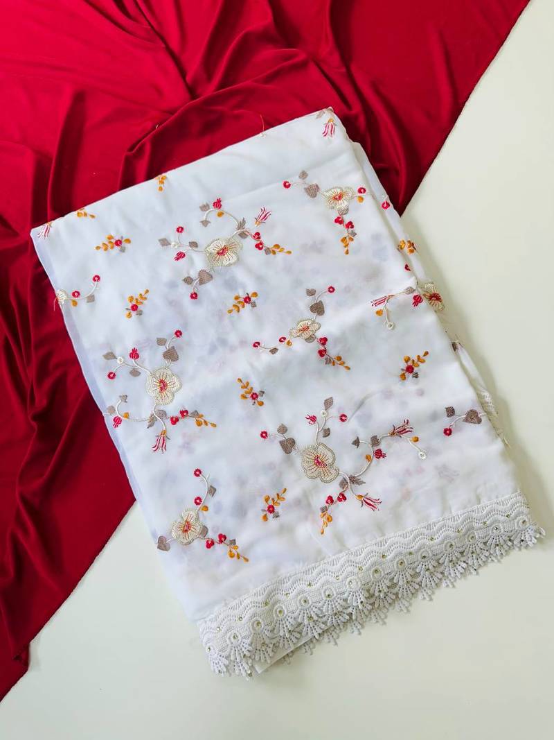 White Color  Sequins embroidered jaal and multi thread georgate saree cutwork design 