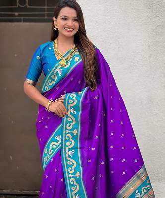 Purple woven self design pure silk paithani saree with blouse 2