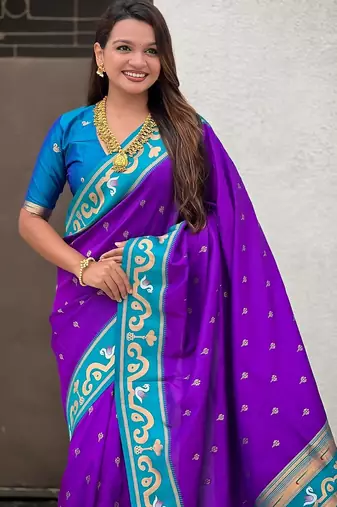 Purple woven self design pure silk paithani saree with blouse