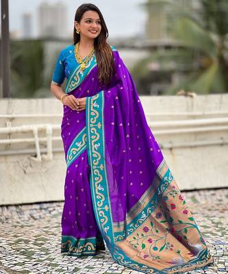 Purple woven self design pure silk paithani saree with blouse 3