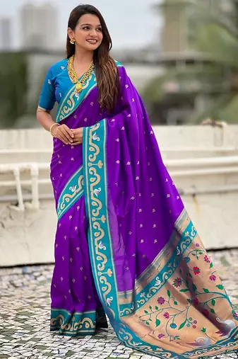 Purple woven self design pure silk paithani saree with blouse