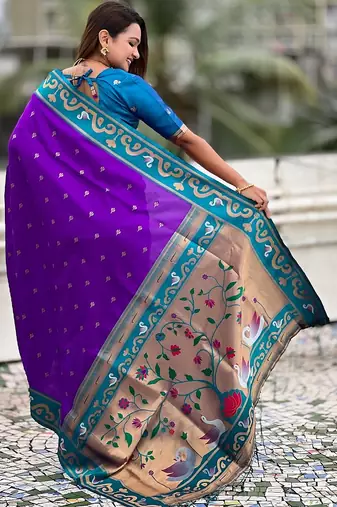 Purple woven self design pure silk paithani saree with blouse
