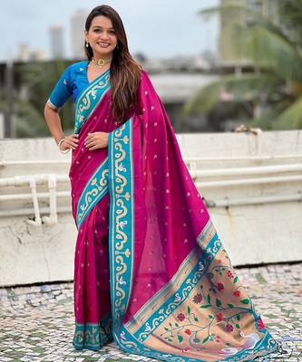 Rani pink woven self design pure silk paithani saree with blouse 1