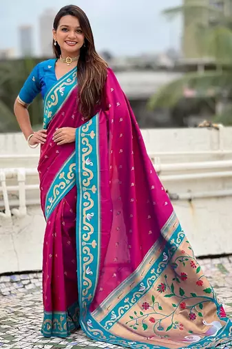Rani pink woven self design pure silk paithani saree with blouse
