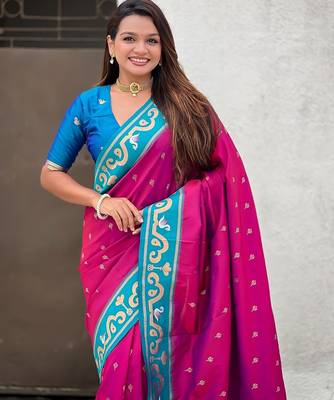 Rani pink woven self design pure silk paithani saree with blouse 2