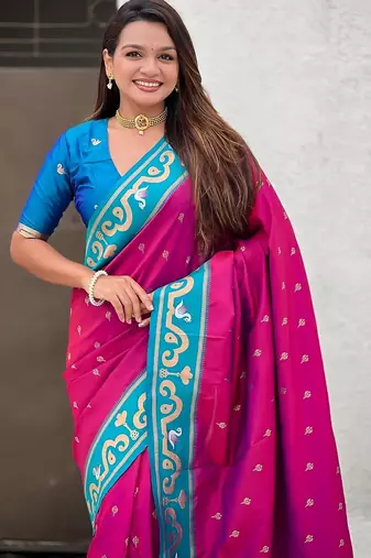 Rani pink woven self design pure silk paithani saree with blouse