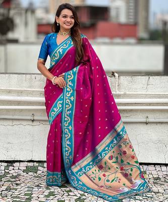 Rani pink woven self design pure silk paithani saree with blouse 3