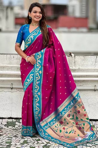 Rani pink woven self design pure silk paithani saree with blouse