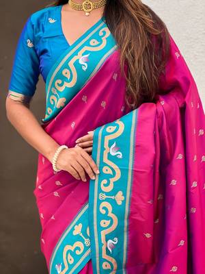 Rani pink woven self design pure silk paithani saree with blouse 4