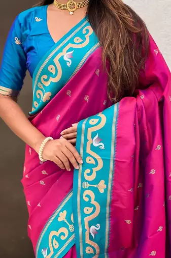 Rani pink woven self design pure silk paithani saree with blouse