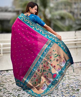 Rani pink woven self design pure silk paithani saree with blouse 5