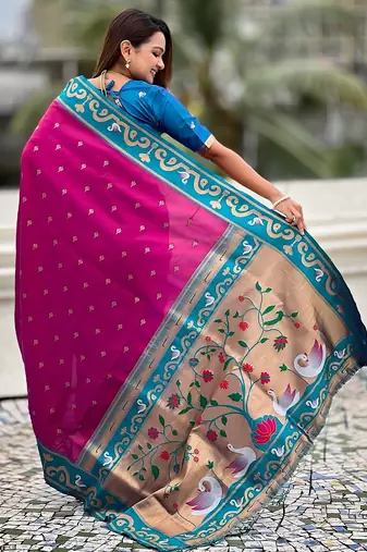 Rani pink woven self design pure silk paithani saree with blouse