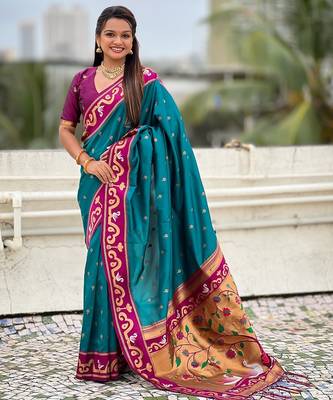 Teal blue magenta woven self design pure silk paithani saree with blouse 1