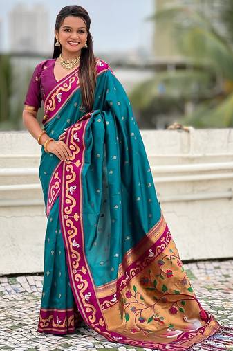 Teal blue magenta woven self design pure silk paithani saree with blouse