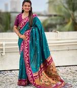 Teal blue magenta woven self design pure silk paithani saree with blouse