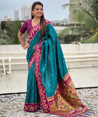 Teal blue magenta woven self design pure silk paithani saree with blouse 3
