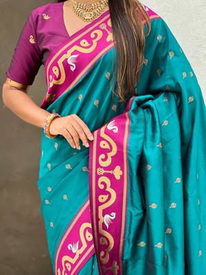 Teal blue magenta woven self design pure silk paithani saree with blouse 4