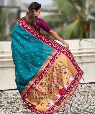Teal blue magenta woven self design pure silk paithani saree with blouse 5