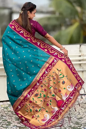 Teal blue magenta woven self design pure silk paithani saree with blouse
