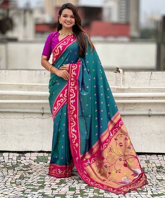 Teal blue pink woven self design pure silk paithani saree with blouse 1
