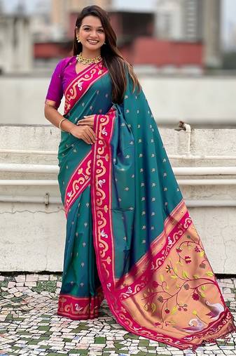 Teal blue pink woven self design pure silk paithani saree with blouse