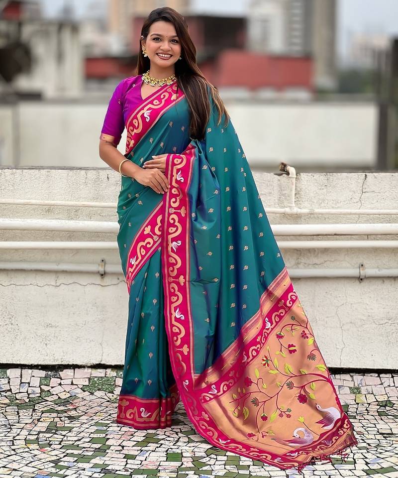 Teal blue pink woven self design pure silk paithani saree with blouse
