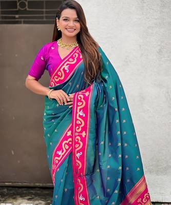 Teal blue pink woven self design pure silk paithani saree with blouse 2