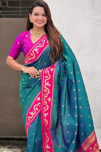 Teal blue pink woven self design pure silk paithani saree with blouse