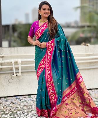 Teal blue pink woven self design pure silk paithani saree with blouse 3